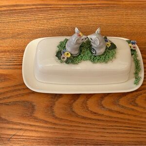 Rare Vintage Nancy MacKenzie Ceramic Butter Dish with Kissing Mice